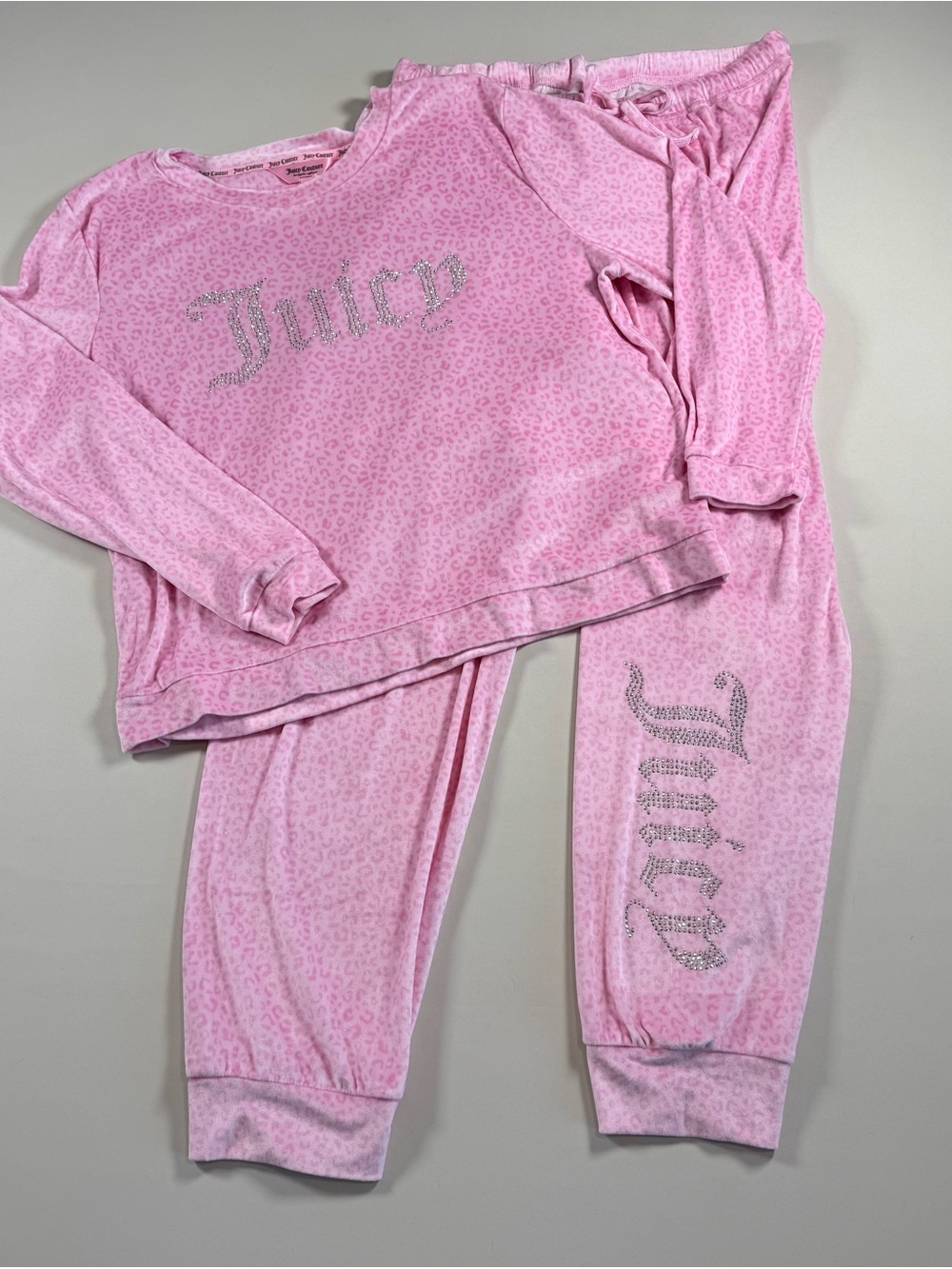 Juicy Couture Pink Leopard Print Soft Velour Rhinestone 2-Piece Pajama Y2K XL